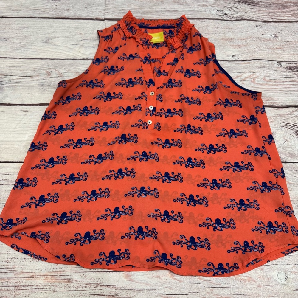 Anthropologie Maeve Fitz Tank Octopus Print Coral Orange Navy Size 12 Large - Picture 2 of 8